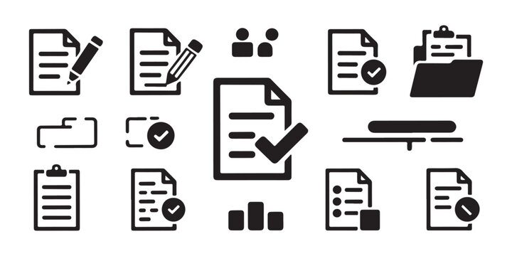 Selection of business document icons featuring checkmarks pencils folders and bar charts for reports.