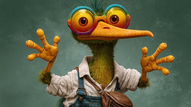 Green duck-like creature with oversized, colorful glasses. Wears overalls and a white shirt. Hands raised, as if surprised or excited. Eyes wide, showing curiosity or wonder