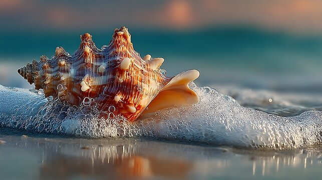 Pearlescent seashell on golden sand beach coastal minimal still life images