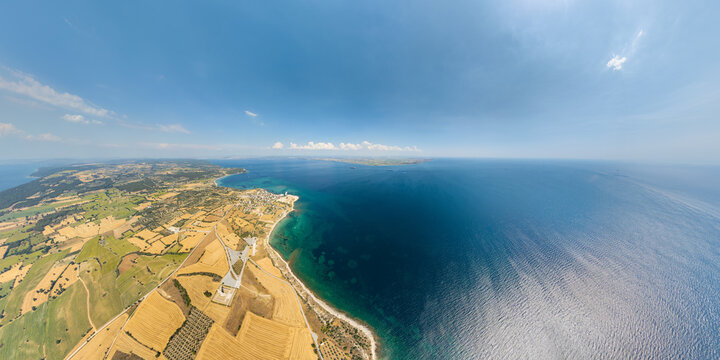Seddulbahir, Eceabat, Turkey. Aerial view of Gallipoli Peninsula with Seddulbahir Fortress, agricultural fields and Dardanelles Strait from Cape Tekke. Aerial view.