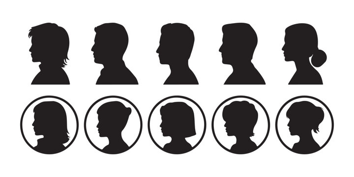 Diverse collection of human side view head silhouettes for user avatars and personal identity designs.