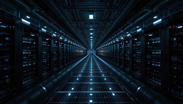 Liquid cooling pipe grid beneath AI data center infrastructure