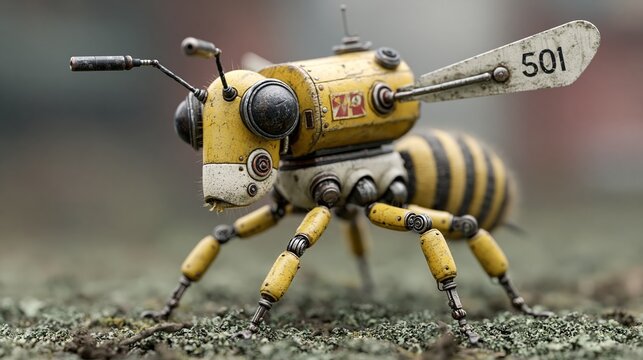 Vintage bee robot stands on mossy ground. Yellow and black stripes mimic nature's design. Metal eyes and antennae give it a mechanical charm. Number "501" marks its unique identity