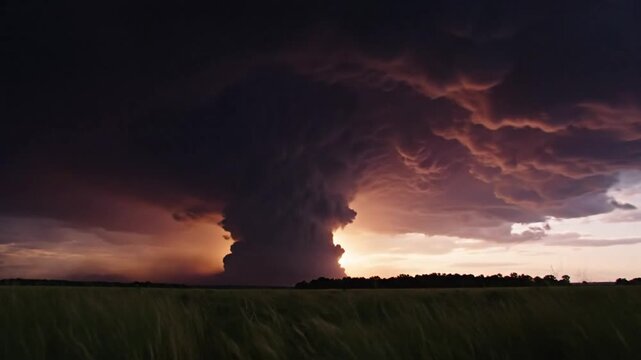 Epic supercell thunderstorm with dramatic dark swirling clouds moving across the field at sunset