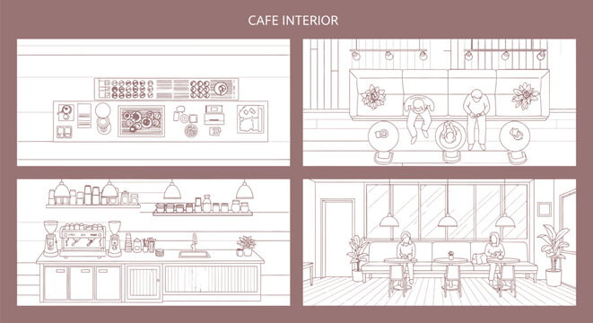 Four line views of a cafe interior, including top-down and eye-level perspectives of seating areas, a counter, and a bar