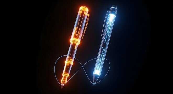 Futuristic glowing pens, digital stylus with neon light, high tech writing tools