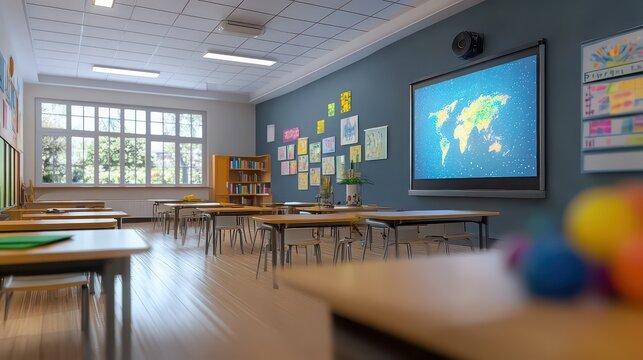 Modern classroom with interactive display showing world map
