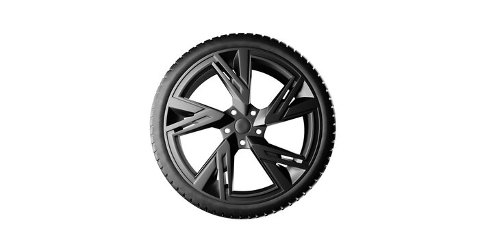 modern black car wheel tire alloy rim isolated bright white background automotive transportation vehicle part macro front view single graphic template. 3d rendering