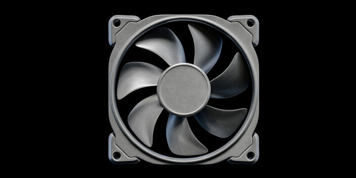 3d rendering modern pc computer case cooling fan front view isolated dark black background technology hardware electronic macro studio single object graphic template