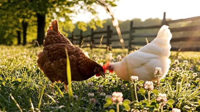Two chickens foraging for food in a meadow with clover and grass near a wooden fence during the golden hour