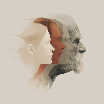Generational Progression Concept Art Illustrating Aging Process and Life Stages through Artistic Evolutionary Portraits in Gradient Style