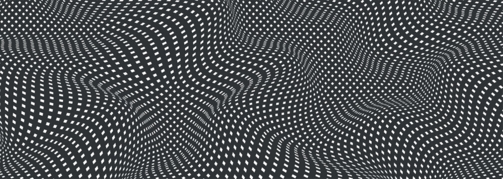 Wavy Distorted Mesh Grid Pattern &ndash; Black and White Op Art Seamless Background