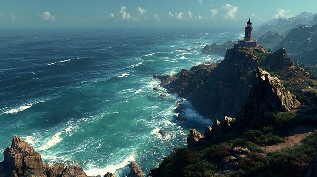 Rugged coastline lighthouse perched on dramatic cliff above sea ideal for nautical wall art wallpapers
