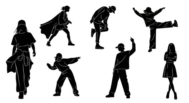 Set of diverse people dancing in various street style poses, black silhouette