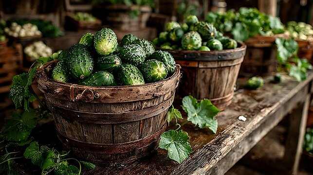 Rustic vegetable market with wooden crates and bushels of produce images