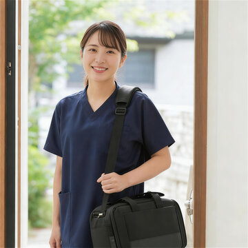 訪問バッグを肩に掛けて玄関に立つ笑顔の訪問看護師