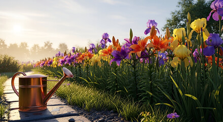Vibrant garden with colorful irises and watering can © Hedi