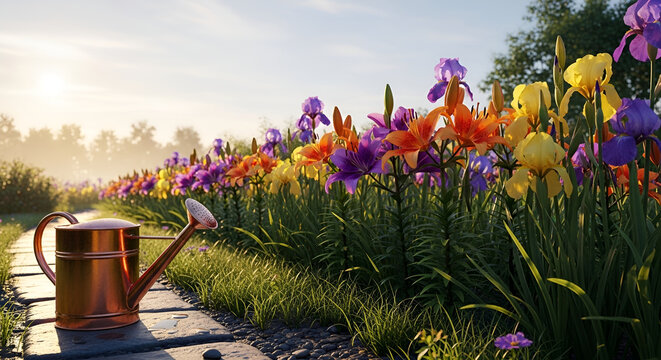 Vibrant garden with colorful irises and watering can