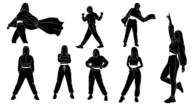 Set of black silhouettes of modern dancers in stylish streetwear poses