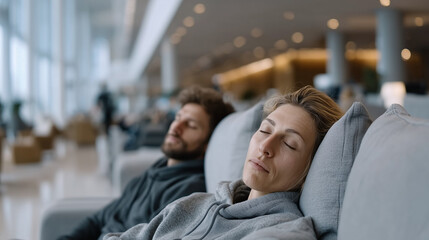 Fototapeta premium Overworked Office Employees Sleeping Airport Lounge Delayed Business Travel Fatigue Hustle Culture