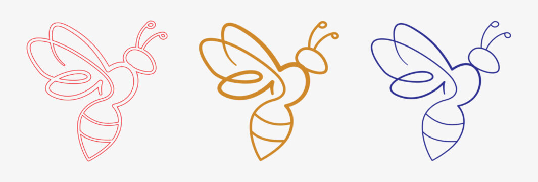 Colorful Bee Icon Set in Pink Orange and Blue, Minimal Insect Logo and Outline Vector Collection