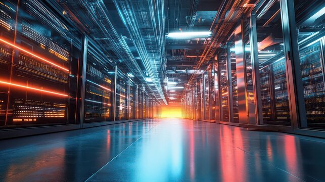 Futuristic data center interior with glowing server racks and fiber optic cables