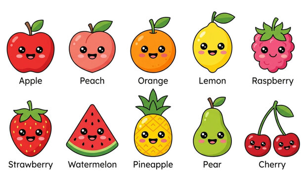 Cute cartoon fruit character vector set with funny emoji apple strawberry watermelon and lemon illustrations