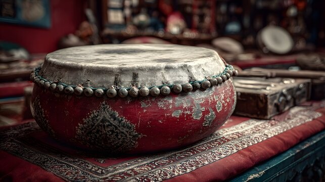 Vintage red tabla drum displayed on ornate textile in dim, atmospheric light.