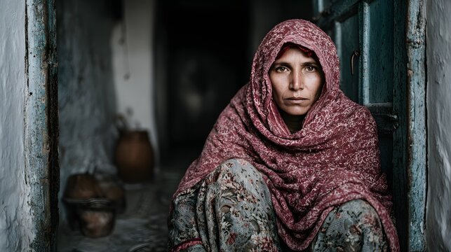 Tired rural woman pauses in doorway, conveying traditions and hardships