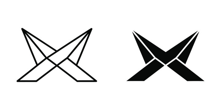 Sharp abstract geometric logo symbol with intersecting lines and aggressive edges in outline and solid black vector style for high-tech brand identity