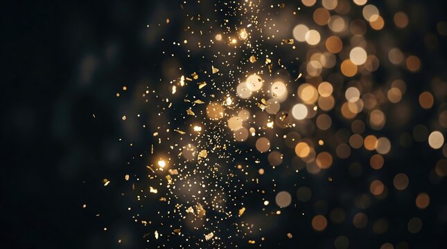 Golden glitter falling on dark background. Sparkling particles and bokeh light effect. Abstract wallpaper for celebration, festive event, party invitation and luxury holiday design concept.