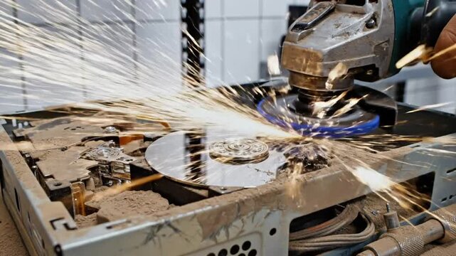 Destruction of a hard drive with an angle grinder to remove sensitive data and prevent access
