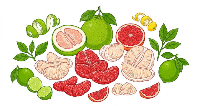 Peeled pomelo and red grapefruit citrus fruit vector illustration isolated on white background
