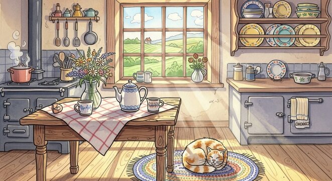 Cozy Kitchen Scene with Cat, Flowers, and Sunlight Streaming In