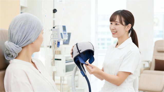 ケア帽子を被った患者に医療用キャップを説明する女性看護師