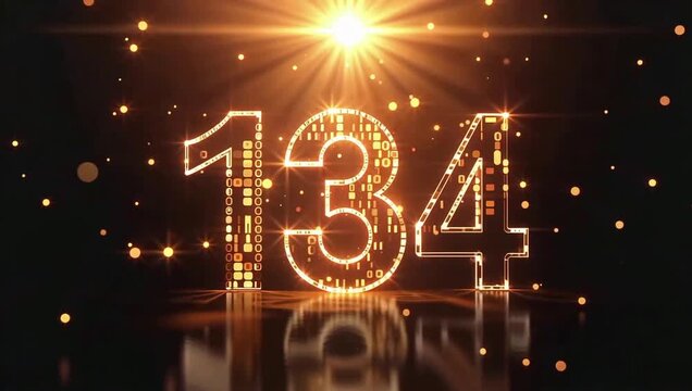 Glowing golden number 134 with circuit board pattern and sparkling particles on dark background
