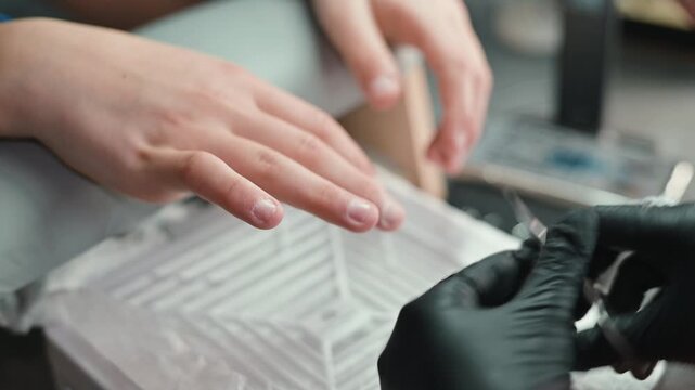 A professional applies nail polish during a manicure. The person receiving the treatment is a young female with light skin sitting in a well-lit salon