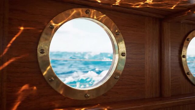 Brass porthole window framing sunlit ocean waves with sunlight reflection, wooden cabin interior and wood panel details creating warm nautical mood, serene marine boat interior scene
