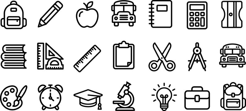 School supplies and education icons set linear style vector illustration