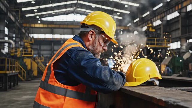 A male industrial worker in safety gear takes a moment to rest in a busy factory. Welding sparks visible.