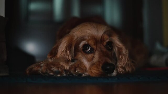 A small cocker spaniel rests on the floor with its head on its paws. The dog has a focused gaze, watching the environment with interest in a well-lit indoor space
