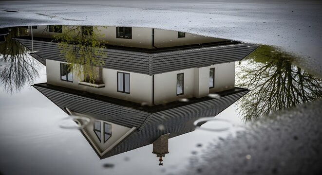 Inverted reflection of luxury suburban house facade visible in calm water puddle after heavy rain storm.
