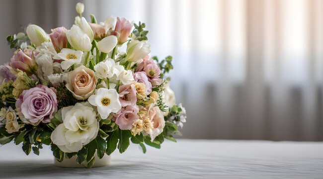 A mortuary setting is perfect for an elegant floral arrangement with a respectable sympathy composition that can be used for remembrance, memorial, and condolence themes. Soft blossoms and solemn styl