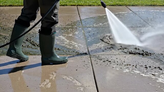 A person in rubber boots uses a high-pressure washer to clean a very dirty concrete patio, removing mud and grime.