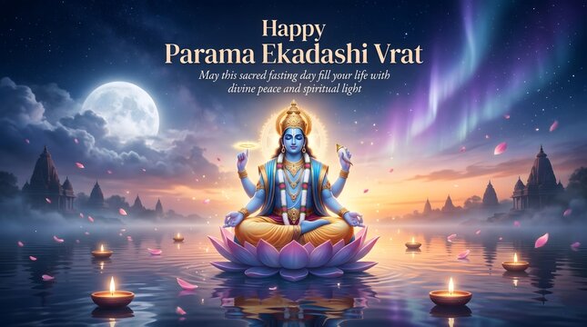 Hindu god shiva sits on lotus flower with candles and moonlight on parama ekadashi vrat