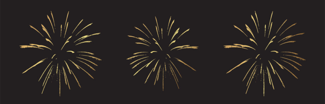 Set of Golden Fireworks Explosions on Black Background