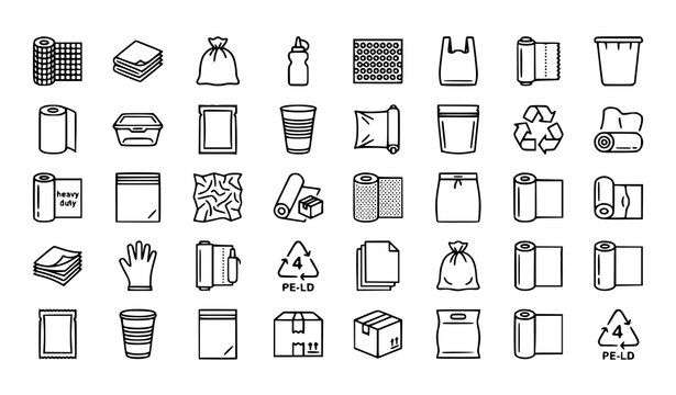Packaging and shipping box line icons, delivery containers, cargo parcels, and storage symbols.