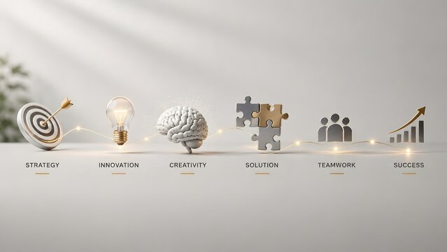 Business development roadmap process with glowing connected icons featuring strategy, innovation, creativity, solution, teamwork, and success concepts.