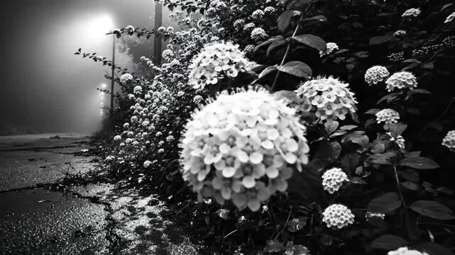 Black and white nighttime scene with blooming flowers next to a cracked road and atmospheric street lights during fog