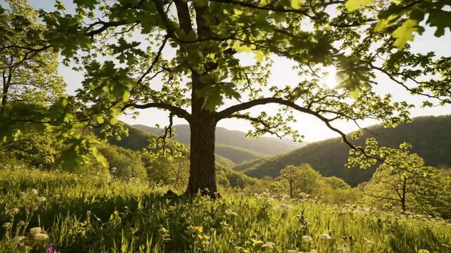 Lush green landscape with a large oak tree and dappled sunlight illuminating a peaceful meadow
